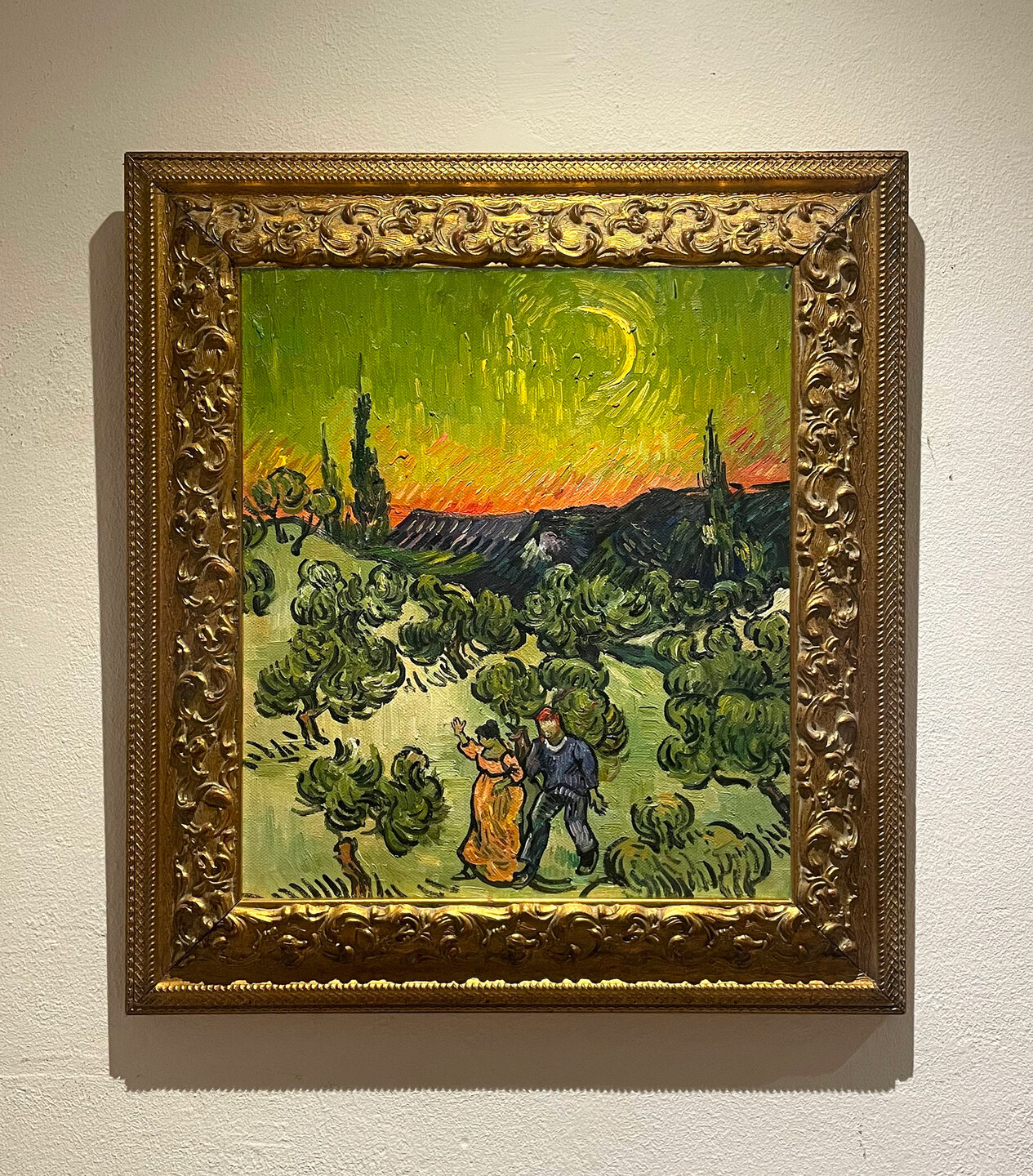 Landscape with Couple Walking and Crescent Moon framed Van Gogh reproduction