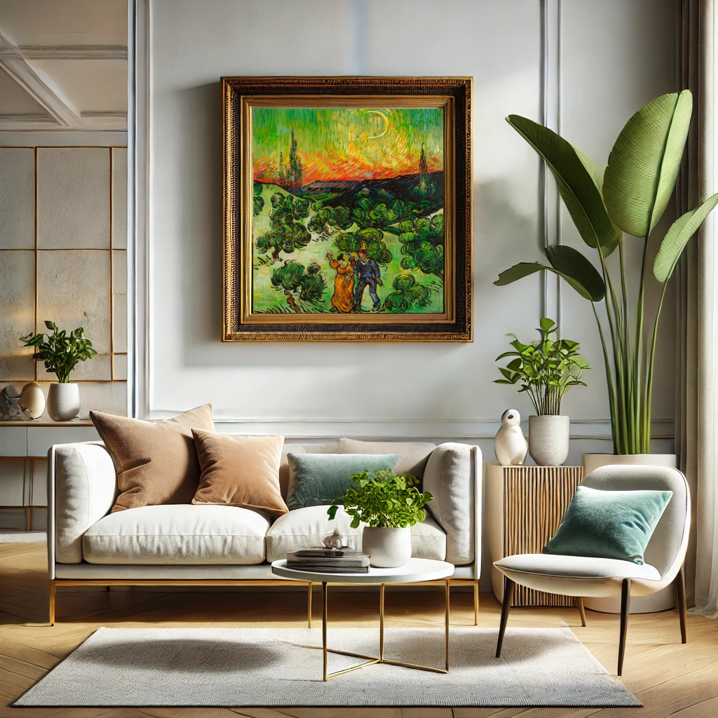 framed Landscape with Couple Walking and Crescent Moon Van Gogh replica