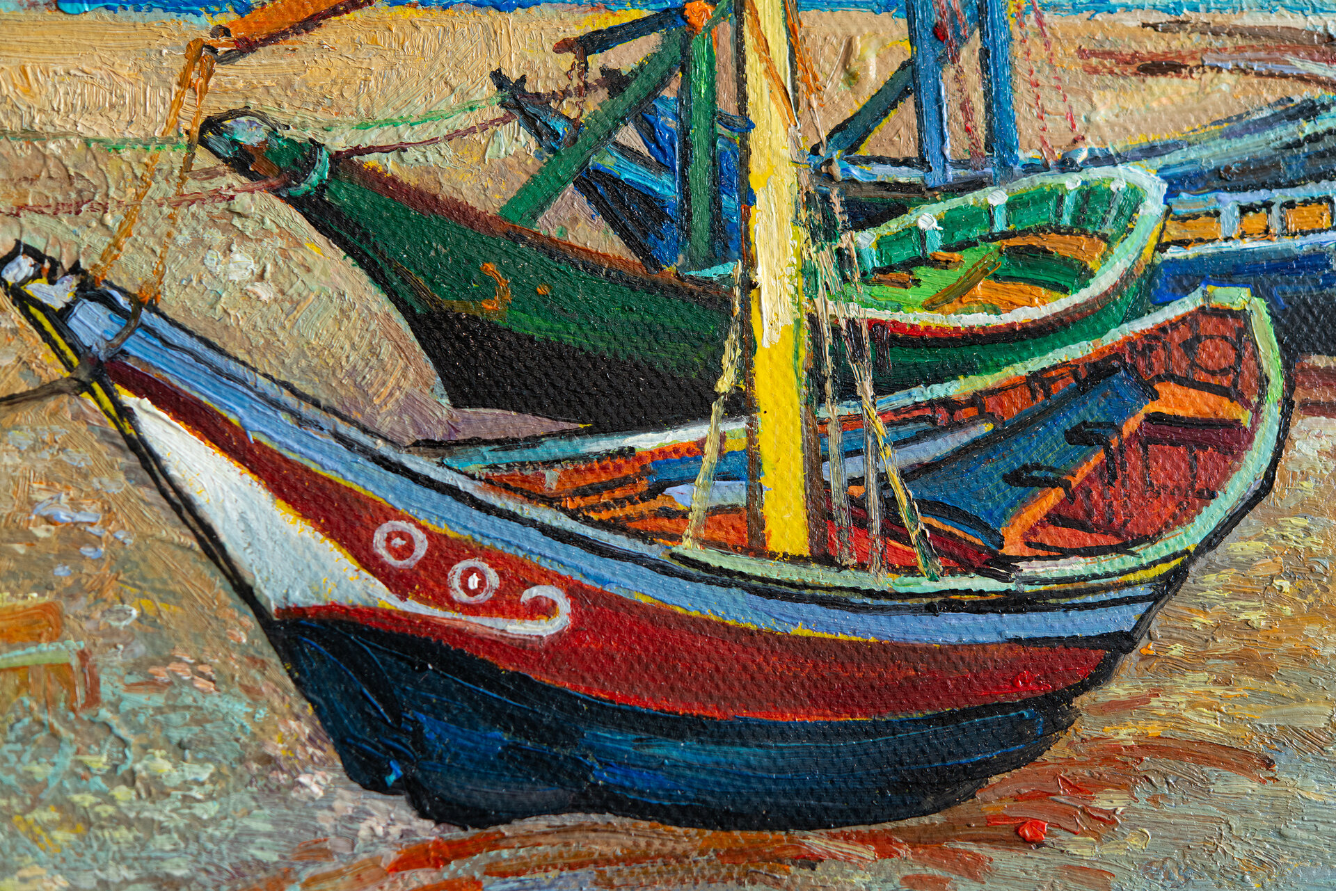 detail Fishing Boats on the Beach framed Van Gogh reproduction