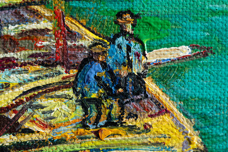 Quay with Men Unloading Sand Barges framed Van Gogh reproduction detail