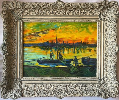 Men Unloading Coal Barges framed Van Gogh reproduction