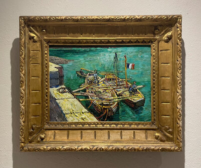 Quay with Men Unloading Sand Barges framed Van Gogh reproduction