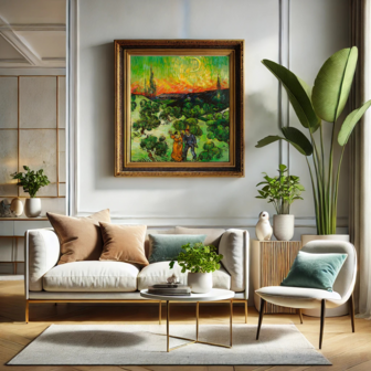 framed Landscape with Couple Walking and Crescent Moon Van Gogh replica