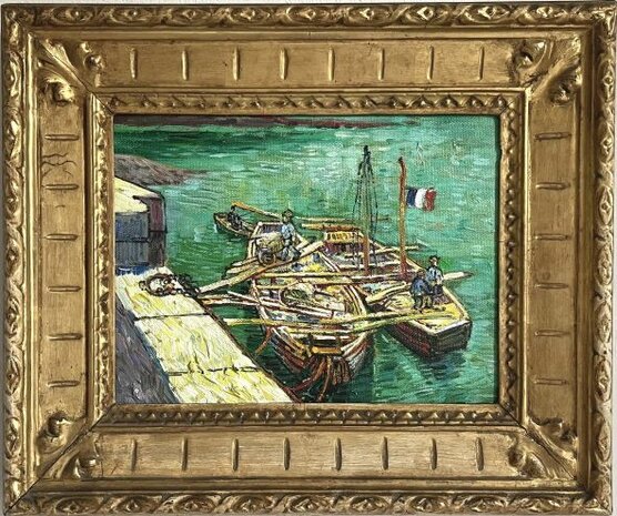 Quay with Men Unloading Sand Barges framed Van Gogh reproduction