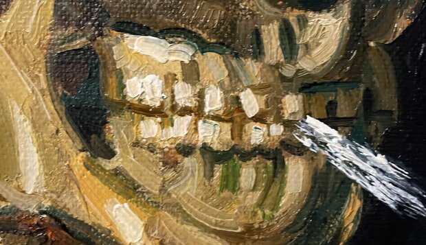 Skull with a burning cigarette framed Vincent van Gogh replica detail