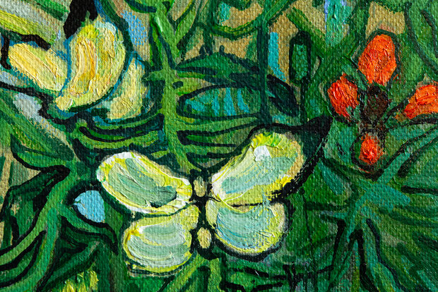 Butterflies and Poppies framed Van Gogh replica detail