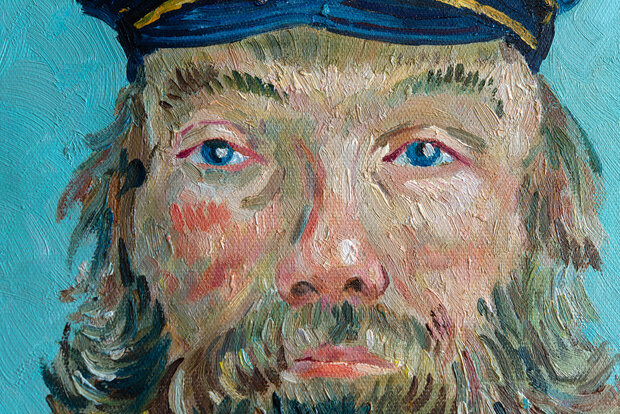 Portrait of Postman Joseph Roulin framed Van Gogh reproduction detail