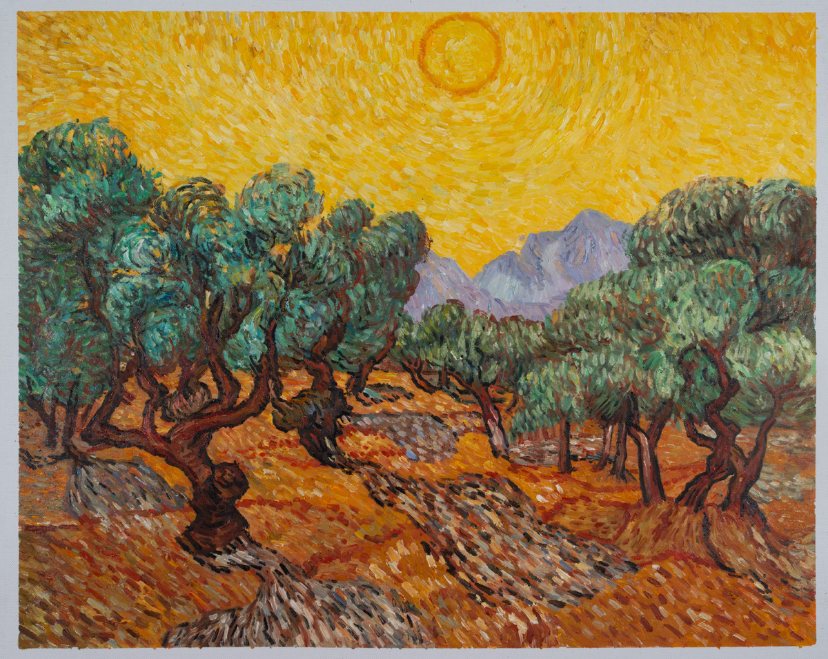 Olive Trees with Yellow Sky and Sun Van Gogh Reproduction, hand-painted in  oil on canvas