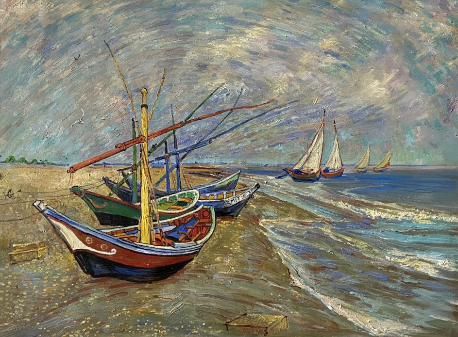 Fishing Boats on the Beach at Saintes-Maries Van Gogh Reproduction,  hand-painted in oil on canvas