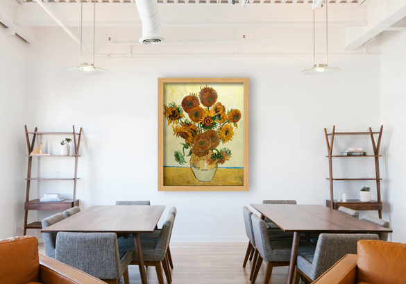 Van Gogh reproductie van Vaas met Vijftien Zonnebloemen in interieur