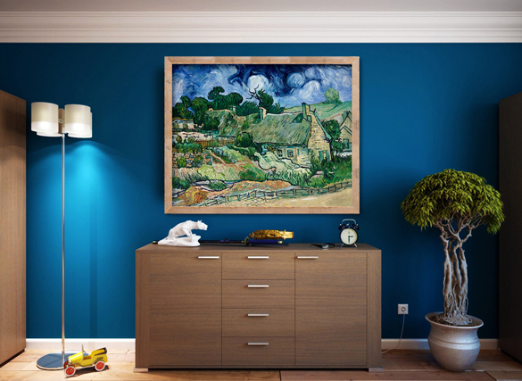 Van Gogh reproductie Cottages met Rieten Daken in interieur