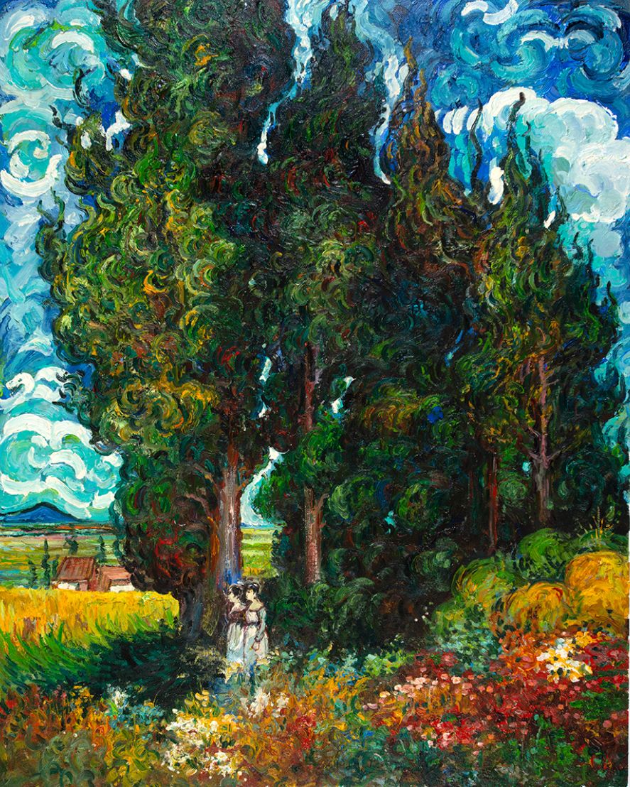 Cipressen met twee figuren Van Gogh reproductie