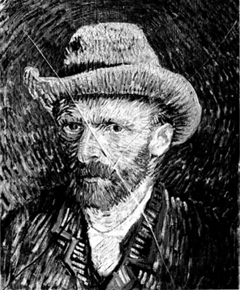 Self-Portrait with Grey Felt Hat damaged with a knife