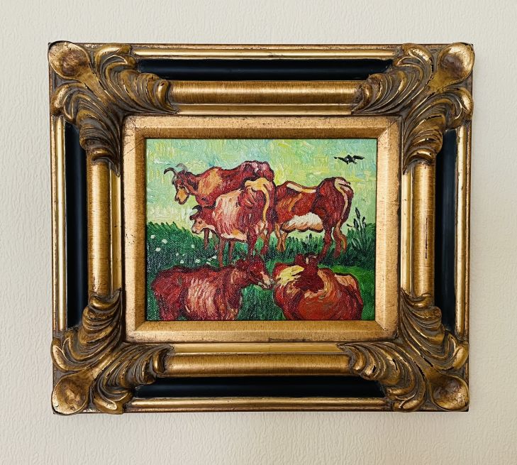 small replica of Van Gogh's Cows with vintage frame