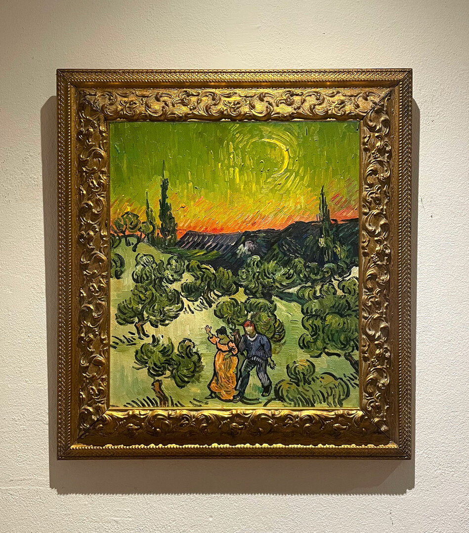 Landscape with Couple Walking and Crescent Moon in vintage frame