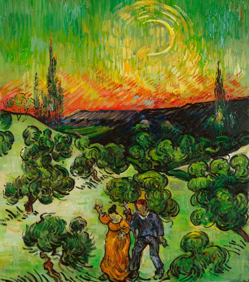 Landscape with Couple Walking and Crescent Moon Van Gogh reproduction