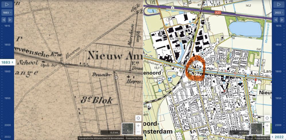 Kaart ophaalbrug Nieuw-Amsterdam 1883 and 2022