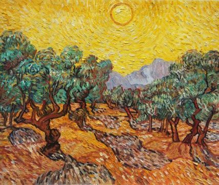 Olive Trees with Yellow Sky and Sun