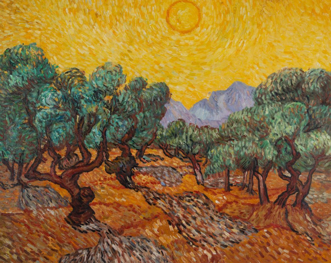 Olijfbomen met Gele Hemel en Zon Van Gogh reproductie