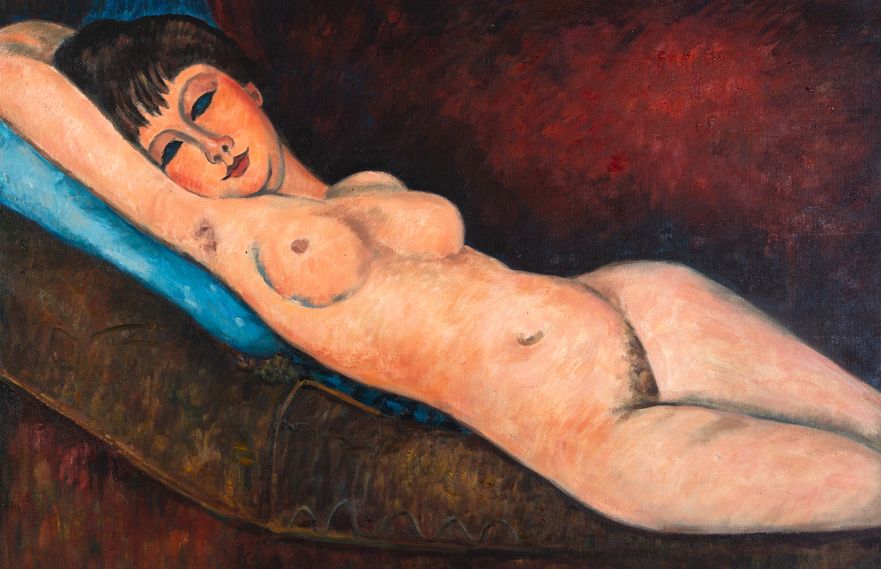 Liggend Naakt op Blauw Kussen Modigliani reproductie