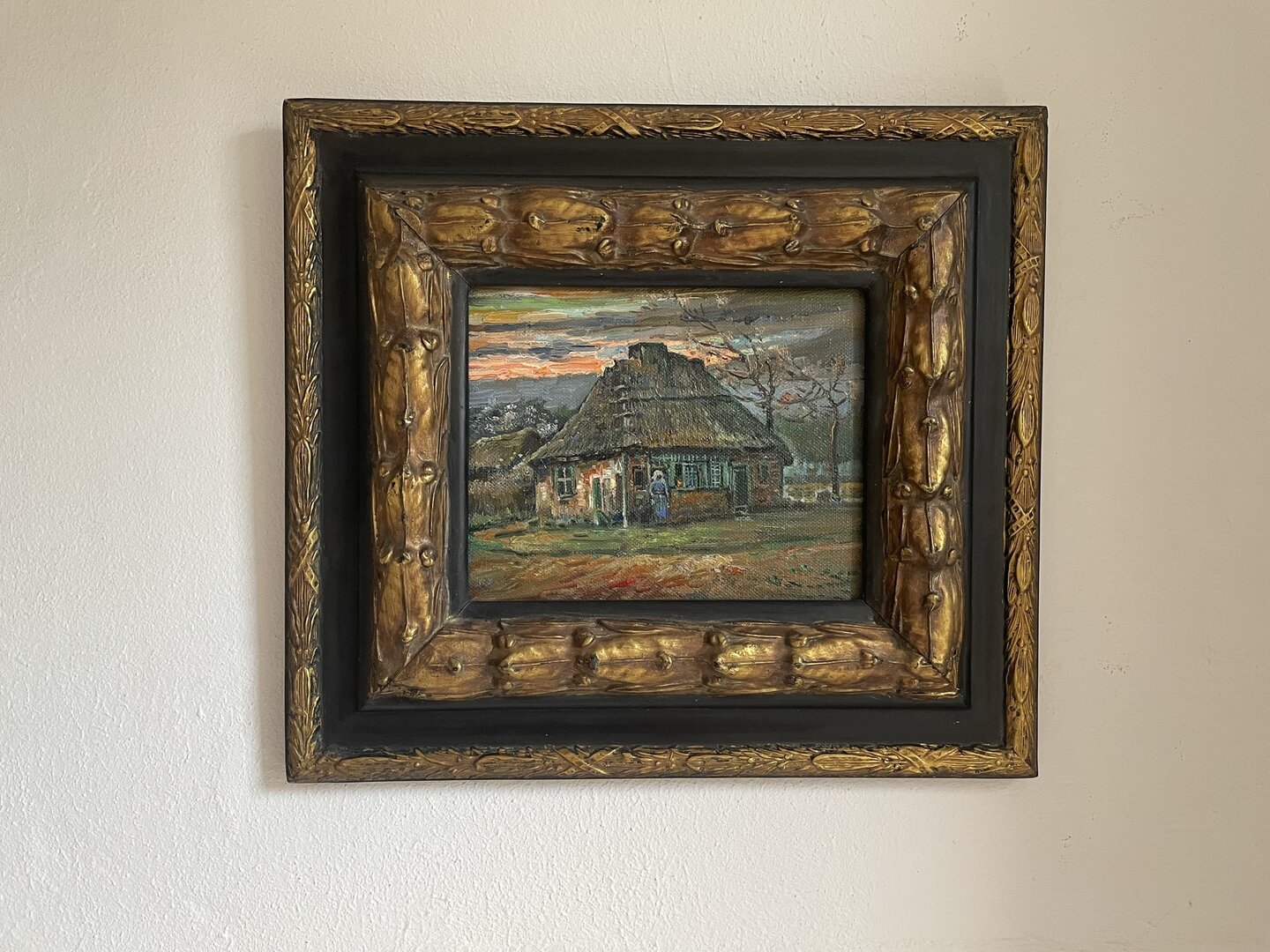 small replica of Van Gogh's Cottage with vintage frame