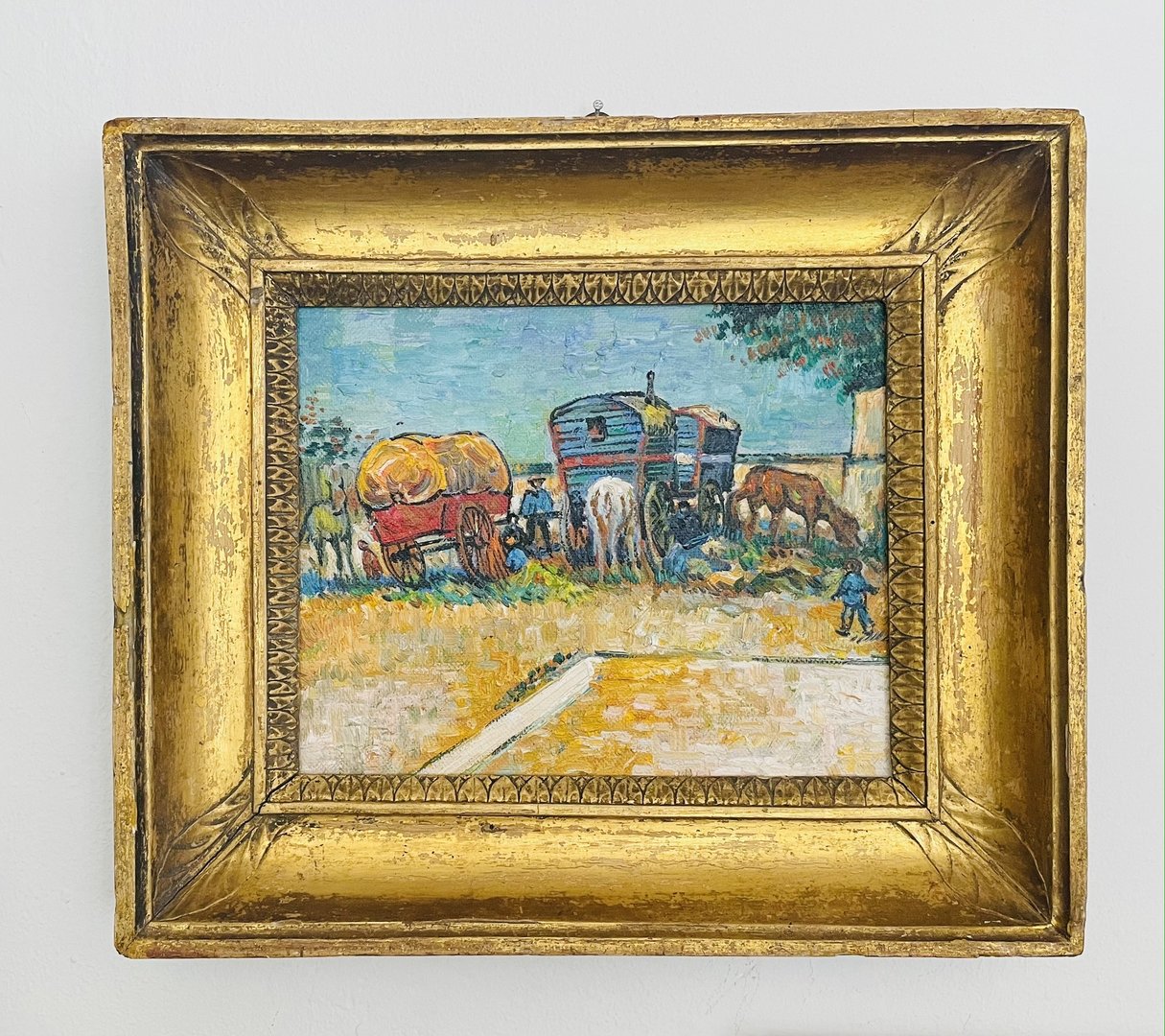 small replica of Van Gogh's Encampment of Gypsies with Caravans with antique frame