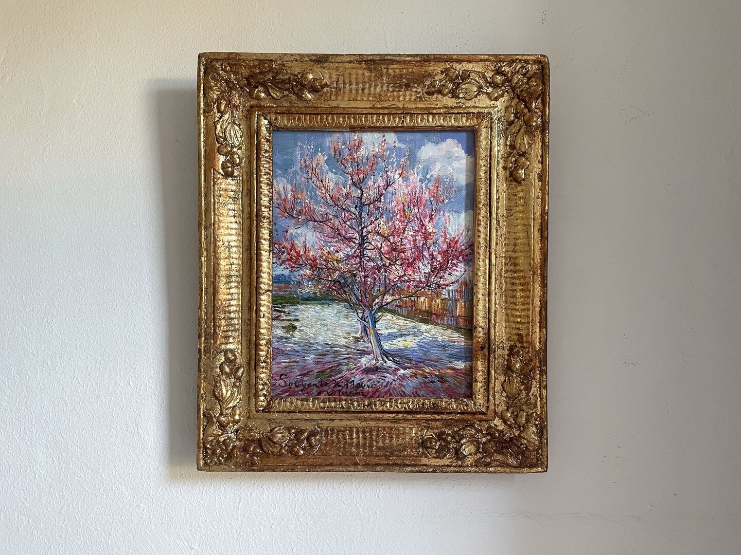 small replica of Van Gogh's Pink Peach Tree in Bloom replica with 19th century Italian frame
