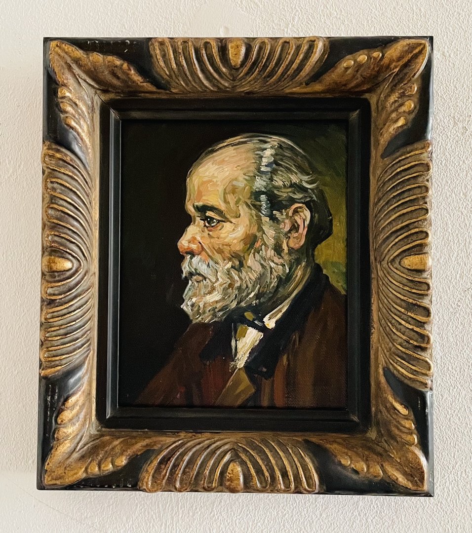 Portret van een oude man met baard replica met vintage art deco lijst