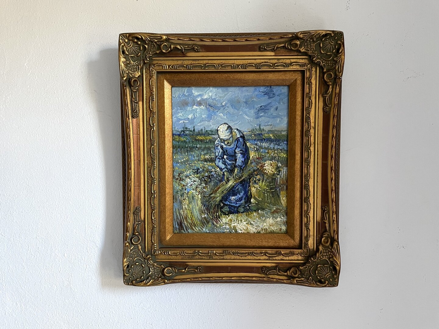 small replica of Van Gogh's Peasant Woman binding Sheaves with vintage frame