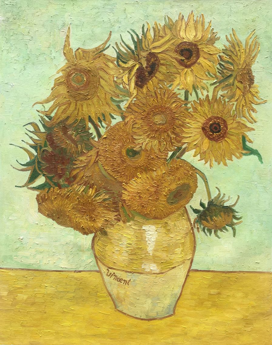 Vase with twelve sunflowers