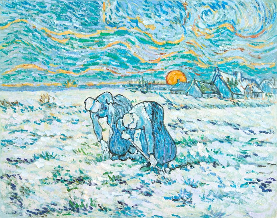 Twee Boerinnen Gravend in Veld met Sneeuw Van Gogh reproductie