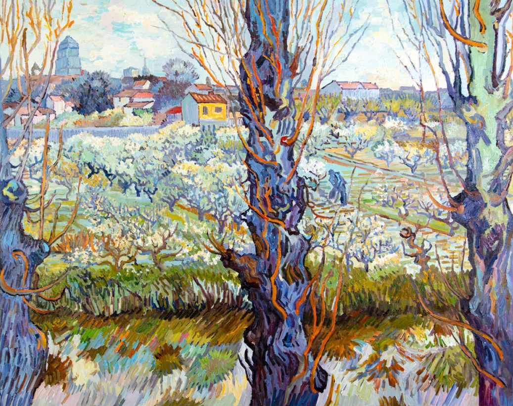 Bloeiende Boomgaard met Zicht op Arles Van Gogh reproductie