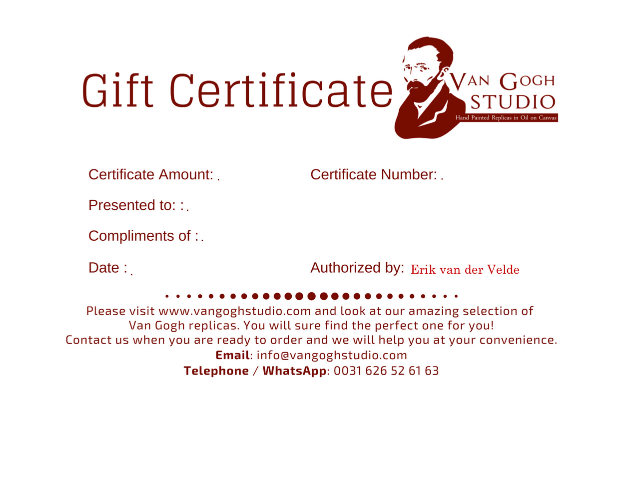Van Gogh Studio Gift Certificate