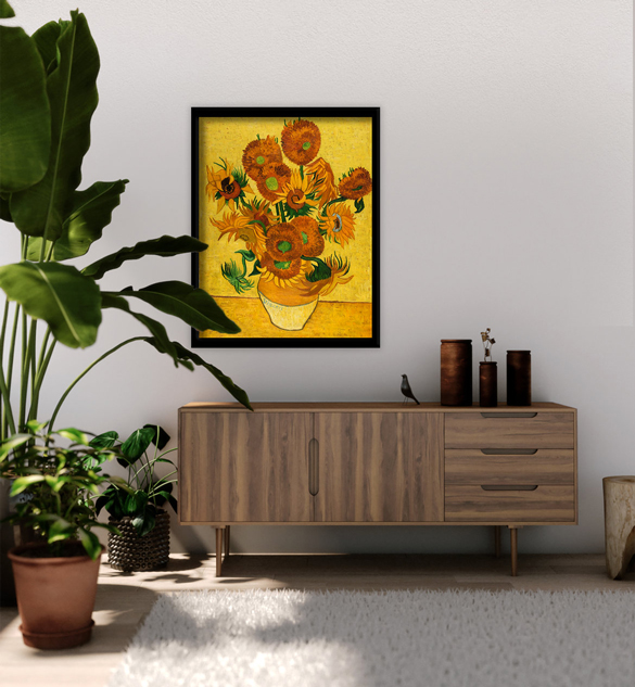 Van Gogh reproductie van Vaas met Vijftien Zonnebloemen in interieur.
