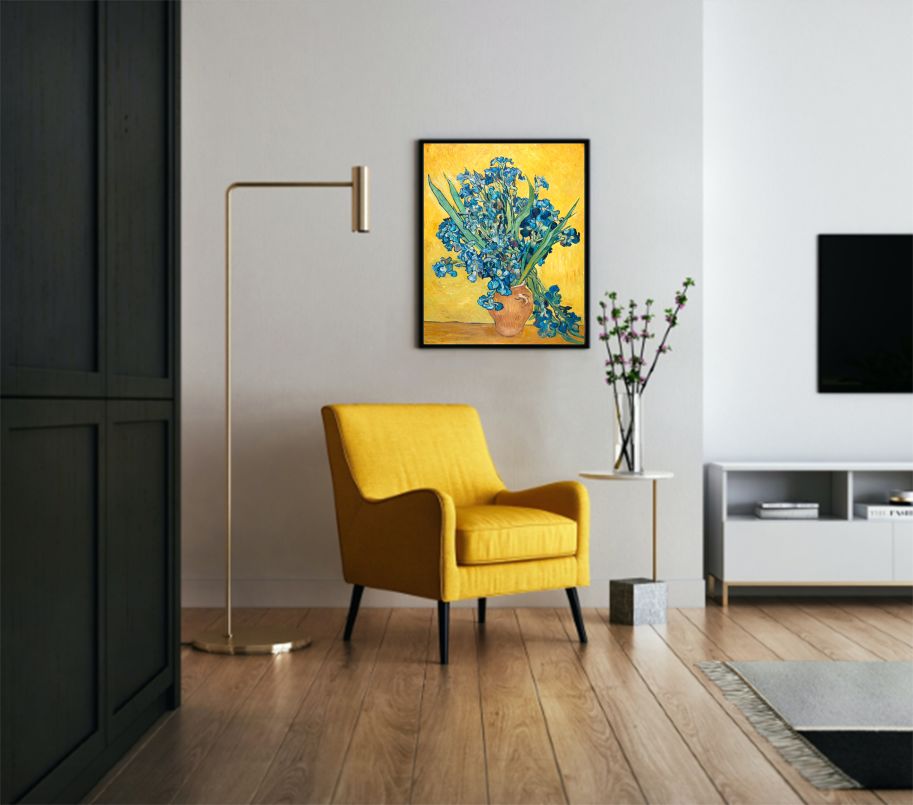 Vase with Irises against a Yellow Background