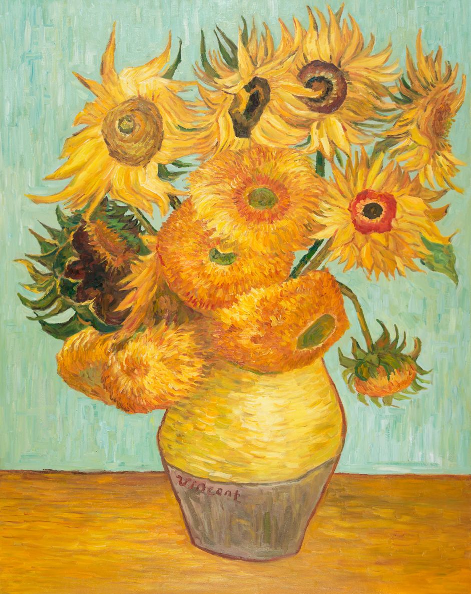 Vase with twelve sunflowers