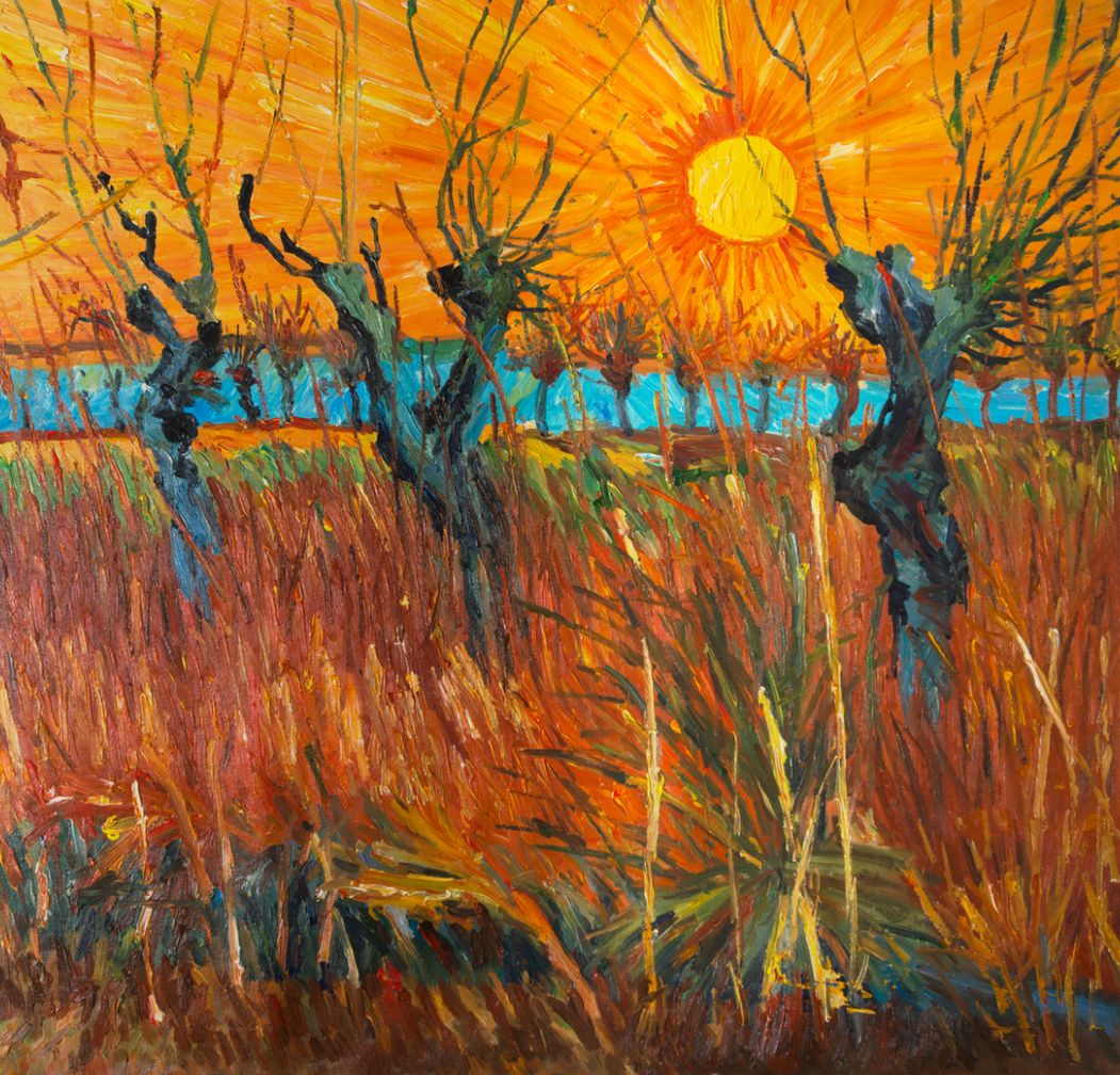 Knotwilgen bij ondergaande Zon Van Gogh reproductie