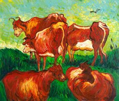 Cows Van Gogh reproduction, hand-painted in oil on canvas