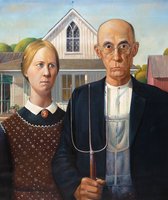 American Gothic Grant Wood reproduction, hand-painted in oil on canvas
