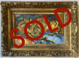 Four cut Sunflowers framed Van Gogh reproduction, hand-painted in oil on canvas