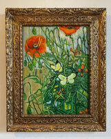 Butterflies and Poppies framed Van Gogh replica, hand-painted in oil on canvas