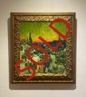 Landscape with Couple Walking and Crescent Moon framed Van Gogh reproduction, hand-painted in oil on canvas