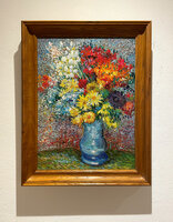 Flowers in a blue Vase framed Van Gogh reproduction, hand-painted in oil on canvas