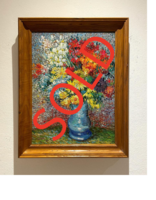 Flowers in a blue Vase framed Van Gogh reproduction, hand-painted in oil on canvas